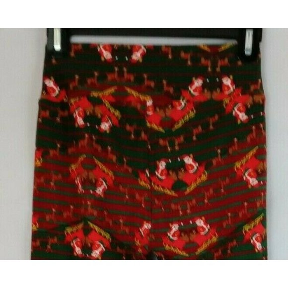 New LuLaRoe One Size Leggings Red & Green With Reindeer Pulling Santa's Sleigh - Picture 4 of 6
